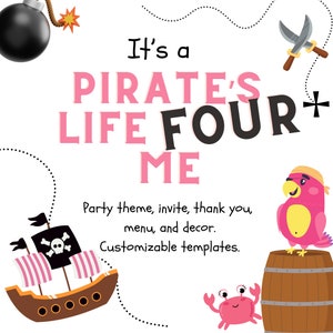 Tema de fiesta de cumpleaños "Pirates Life Four Me" *PINK* - Invitación, Menú, Gracias, Enlaces de decoración - Plantillas personalizables - Canva - Cuarto cumpleaños