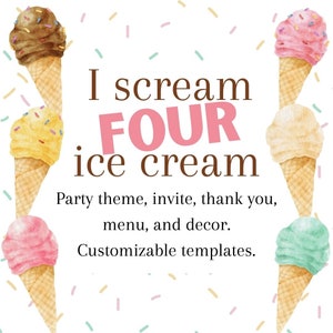 Tema de fiesta de cumpleaños "Grito CUATRO helados" - Invitación, menú, agradecimiento, enlaces de decoración - Plantillas personalizables - Canva - Cuarto cumpleaños