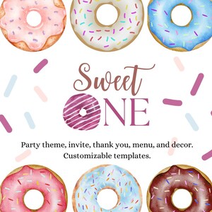 Tema de fiesta de cumpleaños "Sweet One" - Invitación, Menú, Gracias, Enlaces de decoración - Plantillas personalizables - Canva - Primer cumpleaños