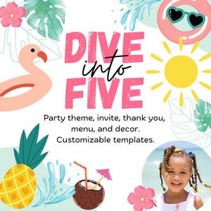 Tema de fiesta de cumpleaños "Sumérgete en cinco": invitación, menú, agradecimiento, enlaces de decoración - Plantillas personalizables - Canva - Quinto cumpleaños