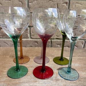 Vintage Etched Wine Glasses: Colored Stems, Floral & Grape Design, Set of 6