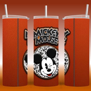 May include: A stainless steel tumbler with a brown leather-like texture and a Mickey Mouse design. The design features Mickey Mouse with a winking eye and the text "Mickey Mouse".