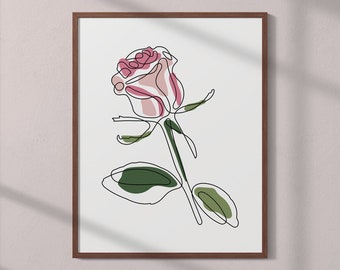 Pink Rose Line Art Print, Minimalist Flower Wall Art, Printable Botanical Line Art, Flowers Poster, One Line Drawing Plant Wall Art