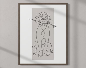 Dog Line Art Print, Minimalist Puppy Wall Art, Printable Pet Line Art, Dog Holding Flower Poster, One Line Drawing Wall Art