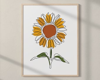 Sunflower Colorful Line Art Print, Minimalist Flower Wall Art, Printable Botanical Line Art, Flowers Poster, One Line Drawing Plant Wall Art