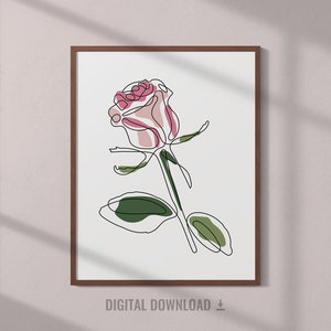 Pink Rose Line Art Print, Minimalist Flower Wall Art, Printable Botanical Line Art, Flowers Poster, One Line Drawing Plant Wall Art