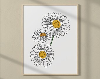 Daisy Colorful Line Art Print, Minimalist Flower Wall Art, Printable Botanical Line Art, Flowers Poster, One Line Drawing Plant Wall Art