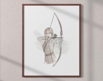 Impresión de arte lineal de mujer arquera, arte de pared minimalista de tiro con arco, arte lineal de personajes imprimible, póster de fantasía, arte de arquera femenina con dibujo de una línea