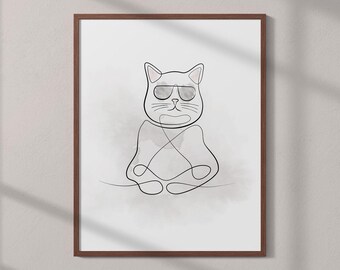 Cat Sunglasses Line Art Print, Minimalist Cool Cat Wall Art, Printable Cat Line Art, Fantasy Poster, One Line Drawing Glasses Cat Art