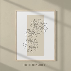 Impressão de arte em linha de margaridas, arte de parede de flor minimalista, arte de linha botânica imprimível, pôster de flores, desenho de uma linha, arte de parede de planta