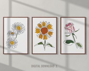 Flower Colorful Line Art Print Set, Minimalist Flowers Wall Art, Printable Floral Line Art, Botanical Poster Bundle, One Line Drawing Art