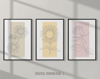 Flower Line Art Print Set, Minimalist Flowers Wall Art, Printable Floral Line Art, Botanical Poster Bundle, One Line Drawing Wall Art