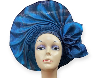 Autogele African Blue Asooke Handmade Wedding Hat For Women