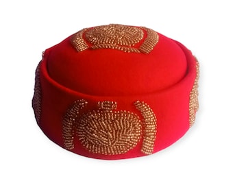 Handmade Igbo Ozo Cap: Red Beaded Velvet Nigerian Wedding Hat