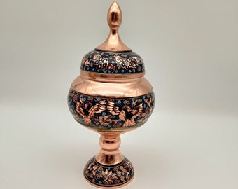 Carved Copper Sugar or Candy Bowl/ Dark Blue Handpainted Bowl/ Floral Design Bowl/ Blue and Gold Color Jar with Lid/Rare Kitchen Decor