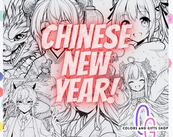 May include: A black and white illustration of a dragon, a lantern, and several anime-style characters. The text "CHINESE NEW YEAR!" is superimposed over the image in red. The text "COLORS AND GIFTS SHOP" is in the bottom right corner of the image.