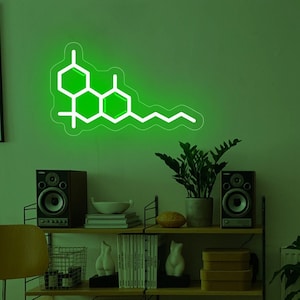 Könnte beinhalten: Ein grünes Neon-Schild in Form einer chemischen Verbindung, das an einer Wand mit einem Regal darunter hängt. Das Regal ist mit einer Pflanze, Lautsprechern, Büchern und Dekoartikeln ausgestattet.