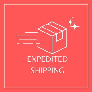 May include: White line drawing of a box with a starburst on a red background. The text "EXPEDITED SHIPPING" is below the box.
