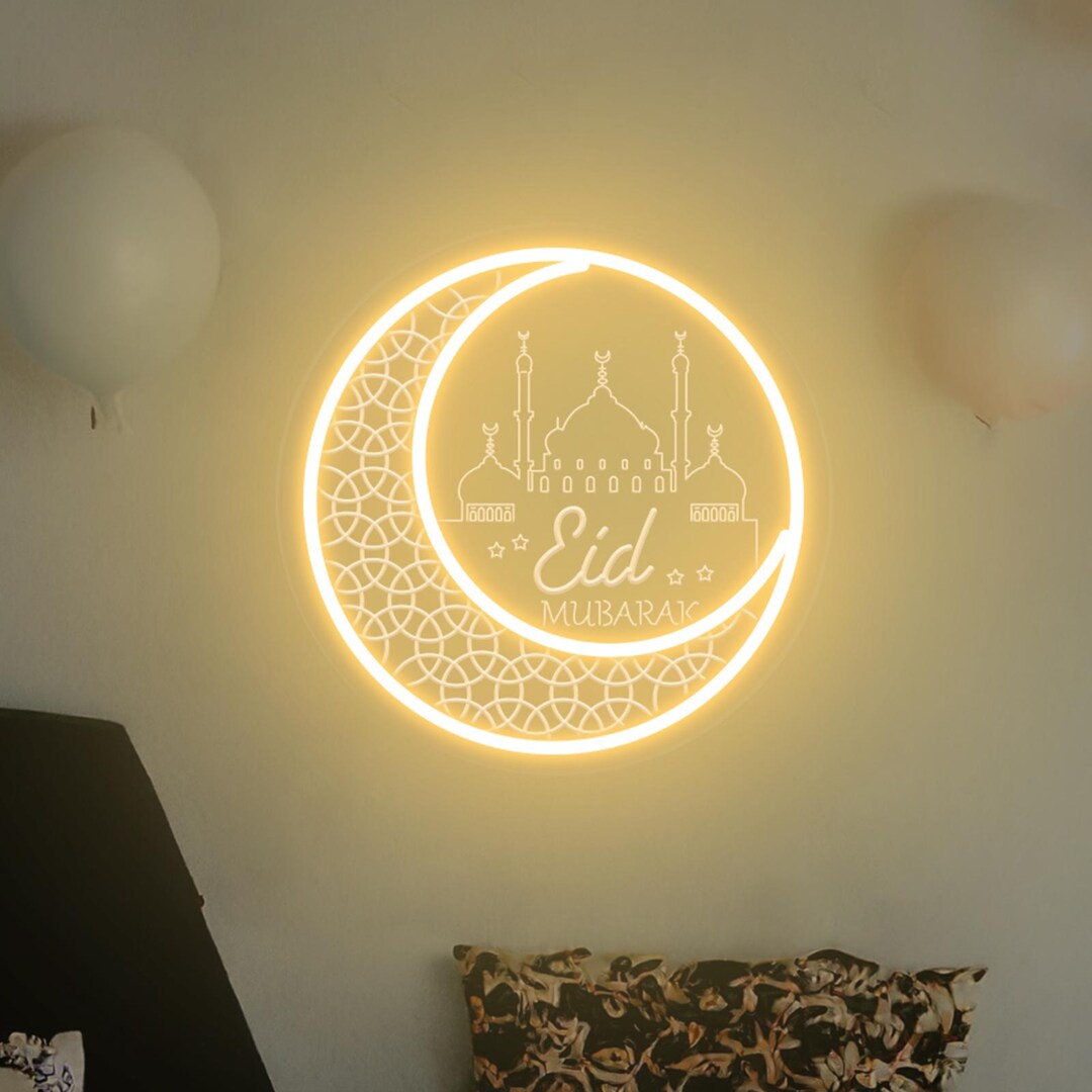 Eid Mubarak Neon Sign: Crescent Moon, Mosque - Ramadan Decoration - Etsy