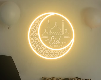 Eid Mubarak Neon Sign: Crescent Moon, Mosque - Ramadan Decoration