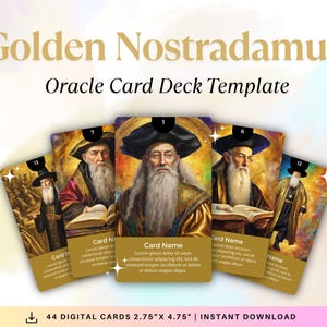 Baraja dorada de cartas del Oráculo de Nostradamus, plantilla editable de Canva, plantilla imprimible, cartas del Oráculo, cartas intuitivas