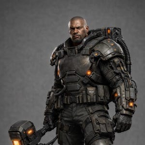 Peut inclure: Un individu chauve portant une armure tactique gris foncé épaisse avec des accents orange lumineux. La tenue comprend un grand sac à dos, une ceinture utilitaire et des plaques renforcées. Un marteau lourd à tête orange est tenu en main.