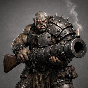 May include: A fierce orc warrior in detailed metal armor, holding a large cannon. The orc has red eyes and a menacing expression. Smoke rises from the cannon, suggesting it has just been fired. The image is set against a gray backdrop.