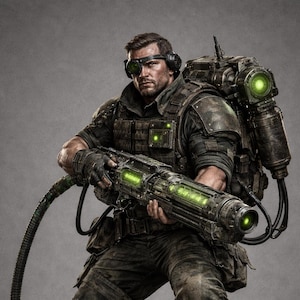 Puede incluir: Un soldado futurista con equipo táctico, sosteniendo un arma grande con detalles verdes brillantes. El soldado lleva una mochila con luces verdes similares y gafas protectoras. La imagen tiene una estética oscura y postapocalíptica.