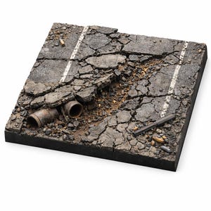 May include: A square diorama base featuring a cracked, weathered asphalt road surface with white lane markings. The scene includes a large crater, exposed dark brown soil, two rusted metal pipes, and scattered debris like bullet casings.