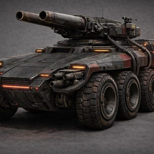 Puede incluir: Un vehículo blindado futurista, de color gris oscuro y rojo. Cuenta con un cañón grande, múltiples ruedas y luces naranjas. El diseño sugiere un tema militar o de ciencia ficción.