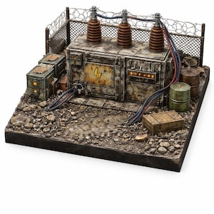 May include: A detailed miniature model of an industrial power station. The model features a weathered metal transformer with a lightning bolt symbol, connected wires, and a barbed wire fence. Additional elements include crates and barrels.