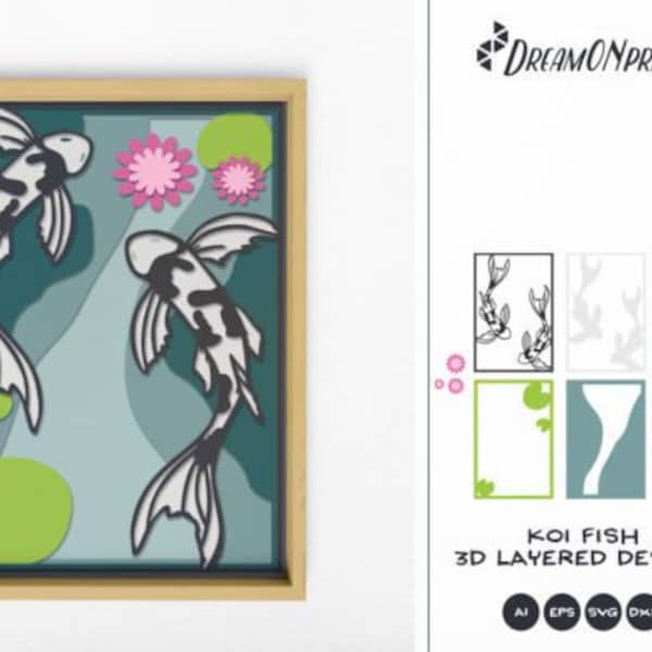 3D Koi Fish Layered Paper Craft Project, SVG Craft project, Shadow box SVG projects, Koi fish pond 3D shadow box, Instant download