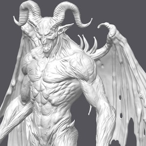 May include: A detailed, grayscale sculpture of a demonic figure with large horns, wings, and a muscular physique. The creature has a menacing expression and intricate detailing throughout its form.