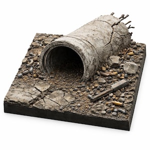 May include: A diorama featuring a weathered, cracked concrete pipe section resting on a textured base of dirt, gravel, and small rocks. Exposed metal rebar protrudes from one end of the pipe, and a small, rusted metal tool lies on the ground surface.