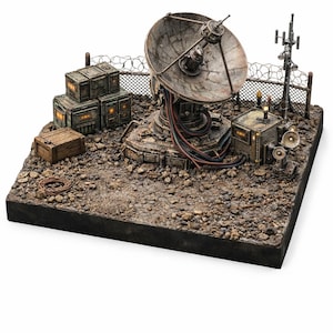 May include: A detailed miniature diorama of a weathered satellite dish and communication array. The scene includes cargo boxes, a barbed wire fence, and a rocky terrain base. The color palette is muted with shades of brown, gray, and rust, creating a post-apocalyptic aesthetic.