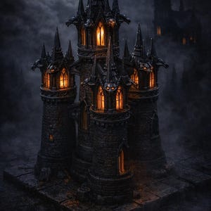 May include: A detailed, dark gray castle with multiple towers and pointed spires. The windows glow with warm, orange light, contrasting with the ominous, cloudy night sky. The castle is set on a stone base, evoking a gothic or fantasy theme.