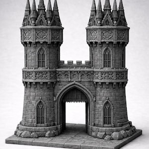 May include: A detailed grayscale model of a castle gate. The structure features two tall towers with pointed spires, arched windows, and decorative stonework. The gate is open, revealing a pathway. The model sits on a stone base.