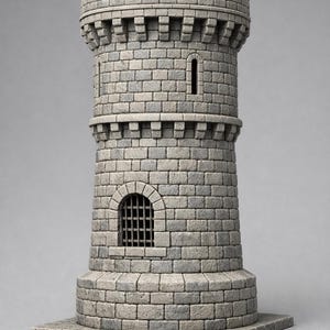 Könnte beinhalten: Ein graues Steinturm-Modell mit zylindrischer Struktur, zinnenbewehrtem Abschluss, quadratischem Sockel und einem einzelnen Bogenfenster mit dunklem Metallgitter. Die Außenfläche ist texturiert und ähnelt einzelnen Mauerwerksblöcken.