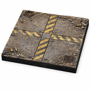 May include: A square, textured platform with a metal surface, featuring yellow and black diagonal stripes. The platform is weathered with dirt, small rocks, and a metal grate. A coiled wire and bullet casings are also present.