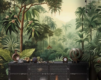 Decorazione murale con paesaggio foresta tropicale - Carta da parati con foresta pluviale giungla tropicale Carta da parati staccabile e incollabile (autoadesiva).
