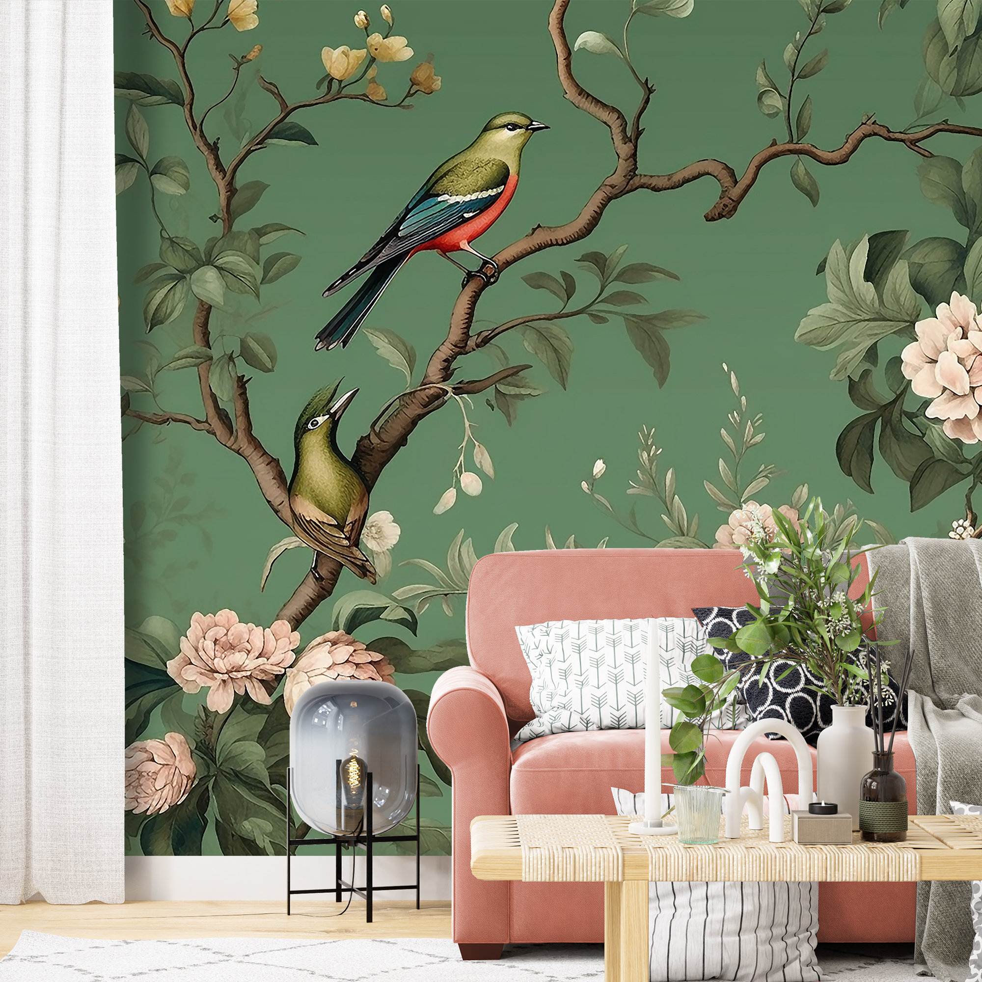 Chinoiserie Wallpaper Birds on Blossoming Tree Green Background With ...
