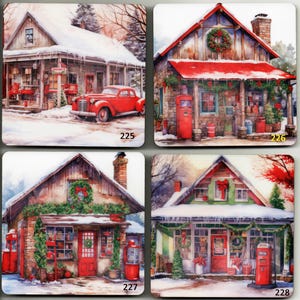 May include: Set of four square coasters featuring wintery scenes of a red and white Christmas decorated general store with a gas pump. The store has a red door and a wreath on the door. The scenes are set in a snowy landscape with trees and a red car in one scene.