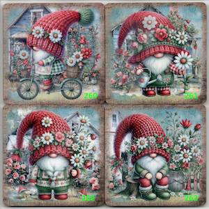 May include: Set of four square coasters featuring whimsical garden gnomes. Each gnome wears a red knit hat adorned with flowers and has a long white beard. The gnomes are depicted in a garden setting with flowers and houses. Numbers 260, 261, 262, and 263 are visible.