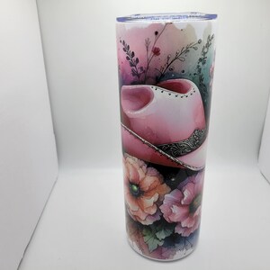 PINK COWGIRL HAT Flowers 20oz Insulated Skinny Tumbler, Plastic Bpa-Free Slide Lid, Metal Straw, Straw Brush, Non-Slip Silicone Base
