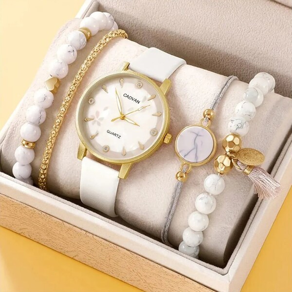 5pcs luxury Jewerly set white watches and white quartz bracelet for women and men unisex