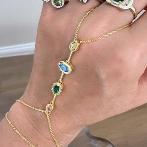 Multicolor Mixed Hand Chain Bracelet, Round, Marquise Sahmaran, Gold Finger Bracelet, 925 Solid Silver, Link Ring Bracelet, Sahmaran gift