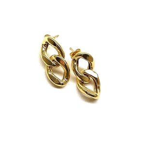Seranay Sarıkaya Earrings, Chunky Huggie Stud Earrings, 925 Solid Silver, Rectangle Earrings, Dangling Gold Chain Earring, Everyday Earring
