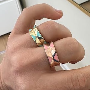 Pink Enamel Geometric Ring, Double Triangle Shaped Ring, Pentagon Ring, 925 Solid Silver, Mint Green Enamel Double Triangle Shaped Ring