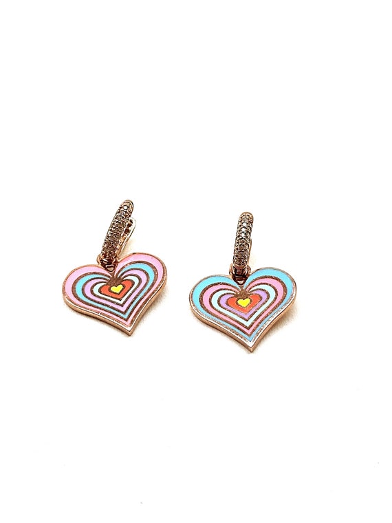 Orecchini Pendenti A Cuore Con Arcobaleno In Argento 925 E Smalto - Donna, Ipoallergenici