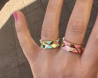 Pink Enamel Geometric Ring, Double Triangle Shaped Ring, Pentagon Ring, 925 Solid Silver, Mint Green Enamel Double Triangle Shaped Ring